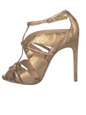 Alexandre Birman Metallic Gold Snake-Texture T-Strap Stiletto Sandals